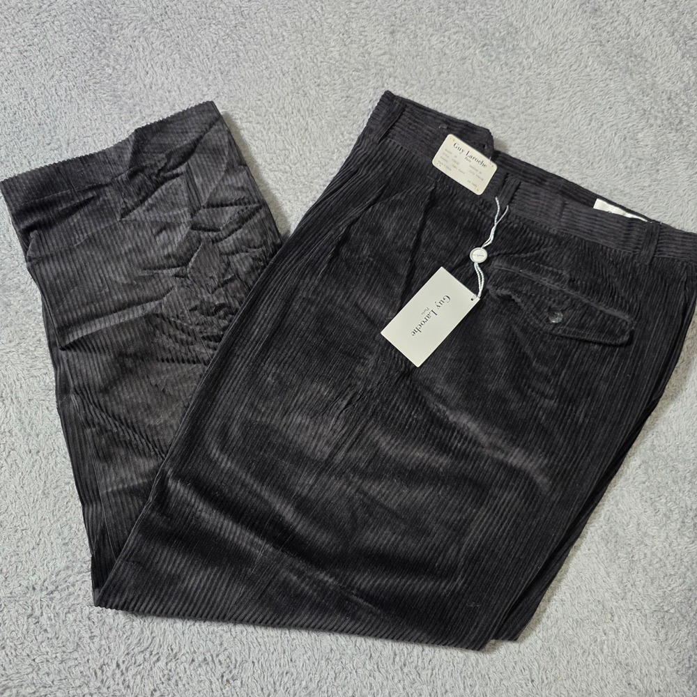 Guy Laroche Mens 36x30 Corduroy Pants Black Pleated Cotton Straight 1700-02